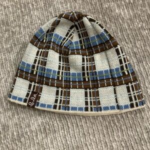 Bula Polartec Plaid Beanie Hat Blue Brown White Unisex Youth Winter Warm